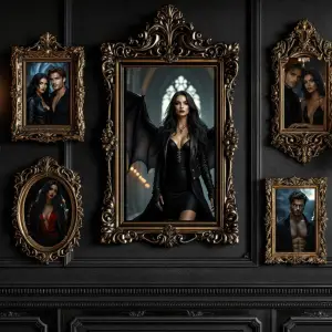 Wall with frames of fantasy characters