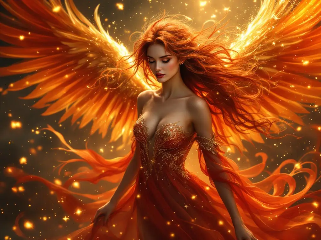 Fantasy character Elysia the Phoenix with wings extended